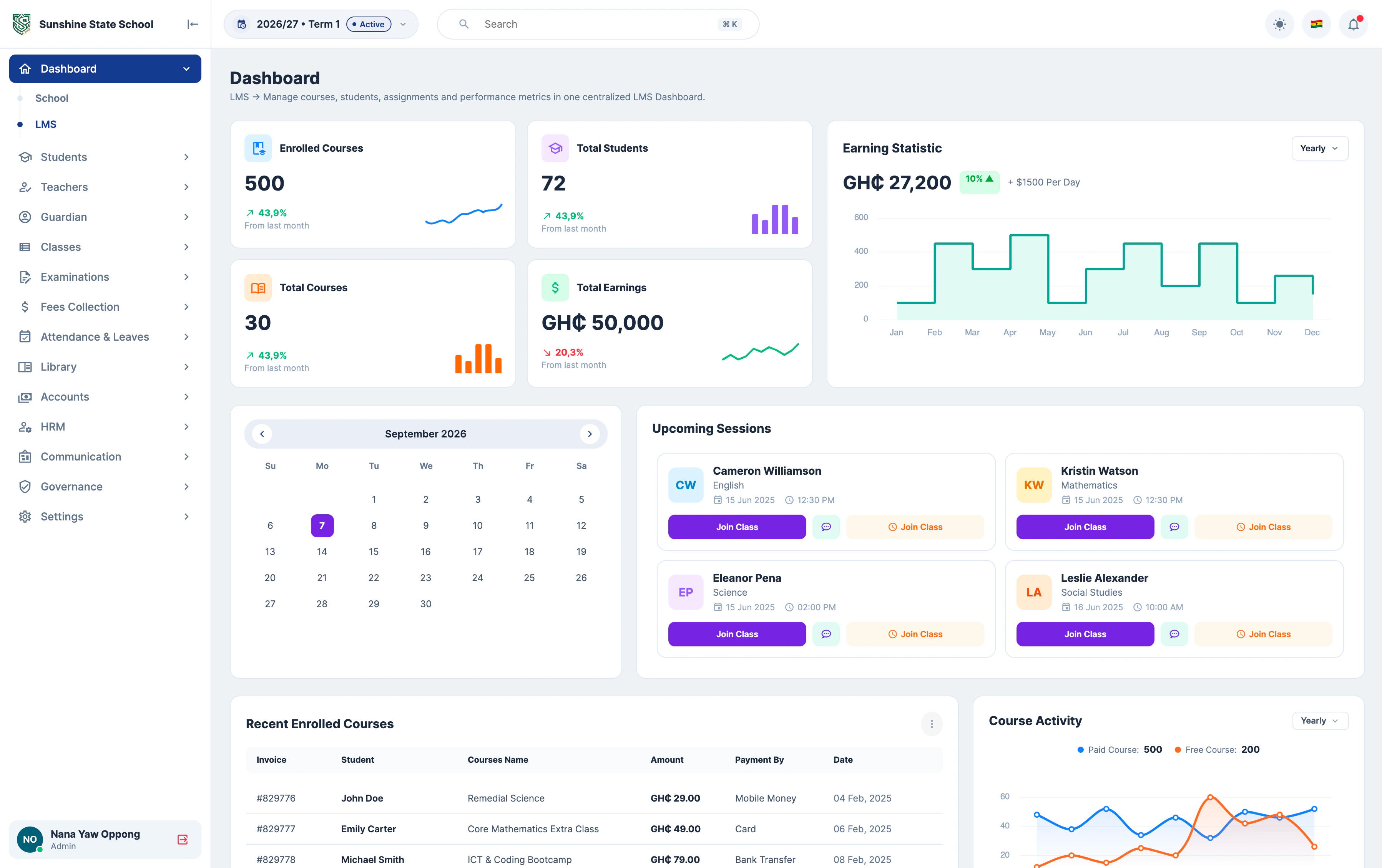 NexusMon LMS dashboard with enrolled courses, earnings, upcoming live sessions and recent enrolments