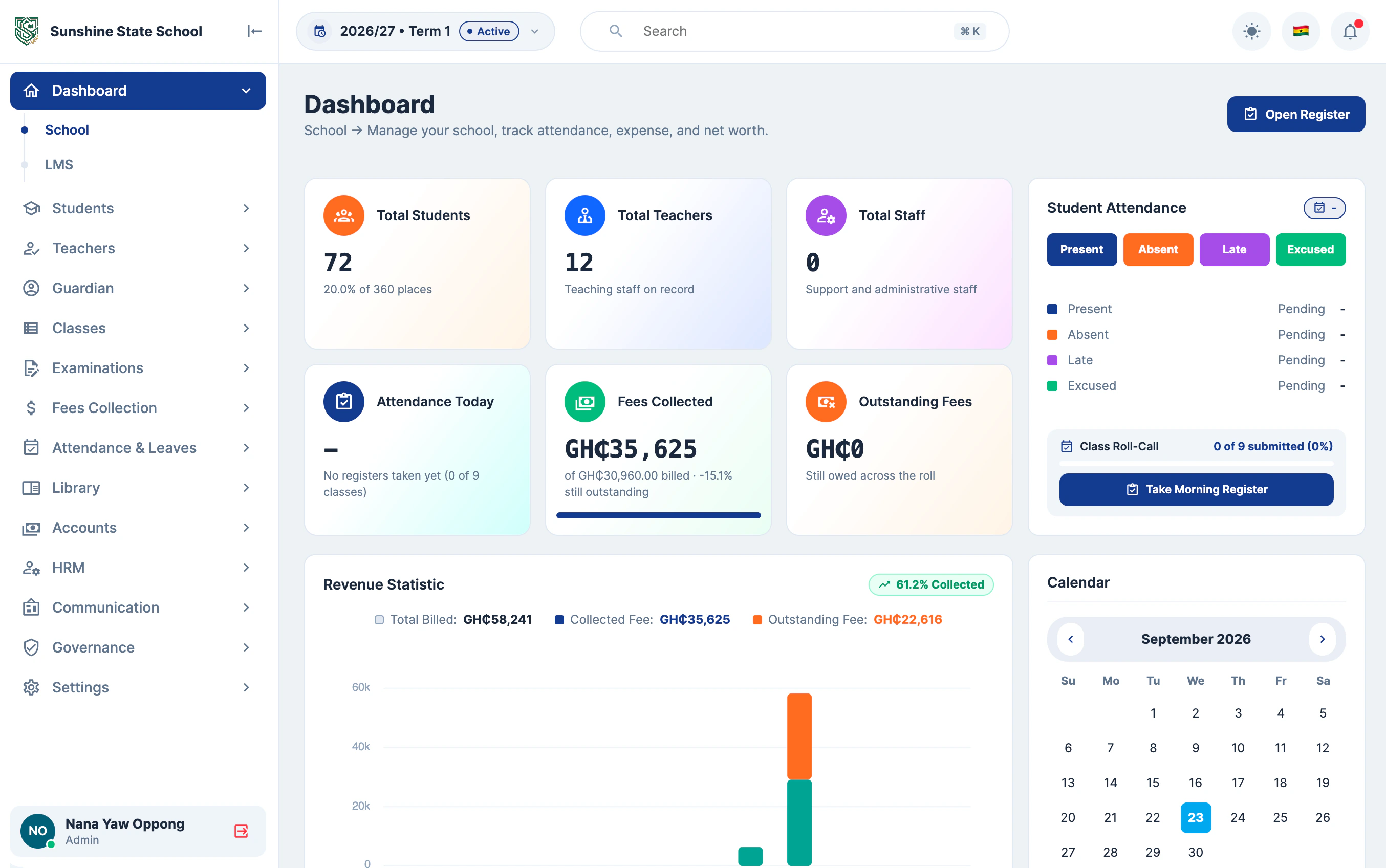 NexusMon desktop app showing the school dashboard: total students, teachers, fees collected and today's attendance